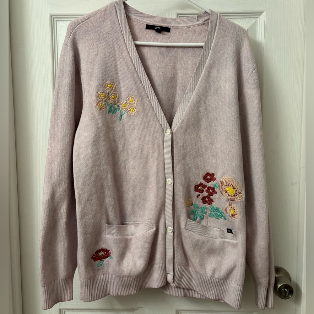 French Vans Button Down Lavender Cardigan Sweater with Embroidered Floral Design